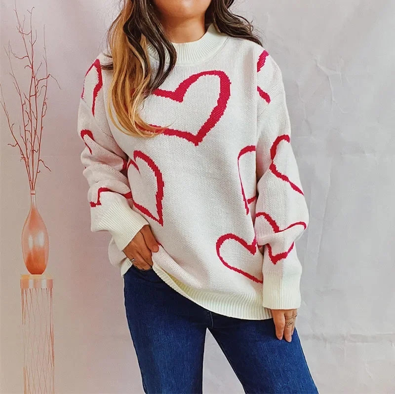 Winter Fashion Romantice Valentine Round Neck Heart Color Contrast Loose Jacquard Pullover Knitted Sweater Long Bell Sleeve