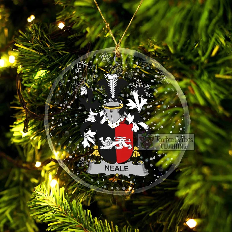 Neale Irish Clan Christmas Glass Ornament with Coat of Arms Denim Leather Suede