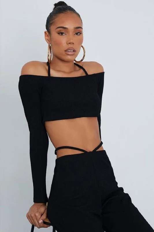Black Rib Crop Top Iron Safe Non-Iron Wrinkle Free