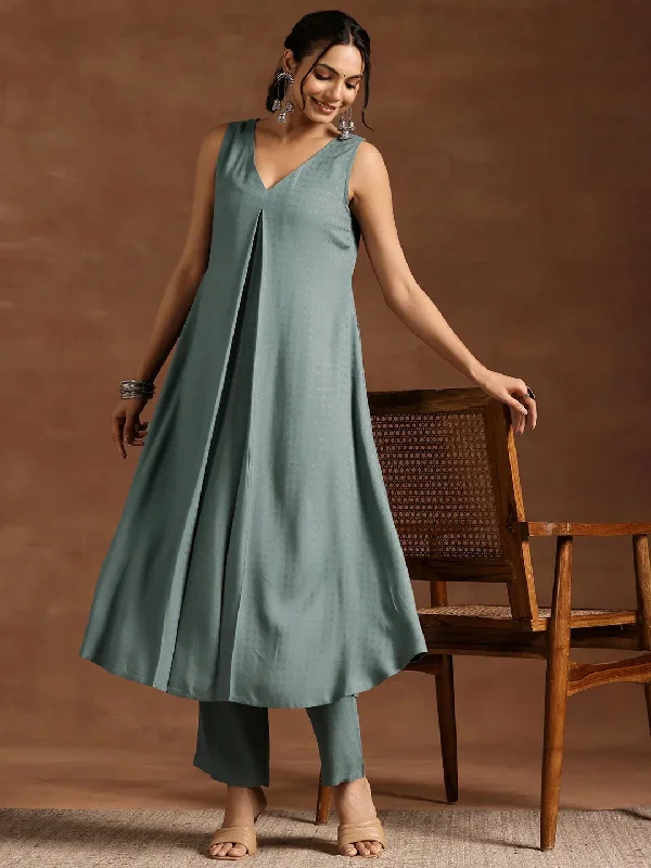 Grey Woven Design Rayon A-Line Kurta With Trousers Trousers Modern Contemporary