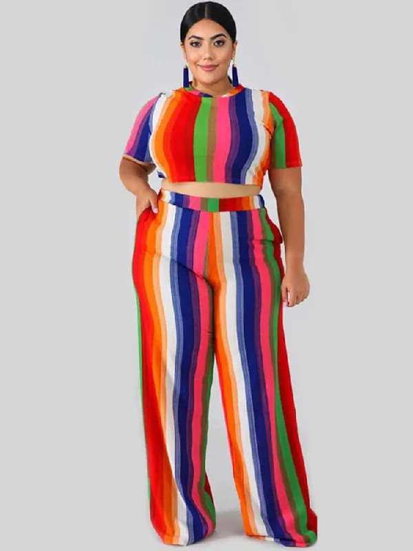 Plus Size 2 Piece Stripes Crop Top + Long Pants Sets Zippered Buttoned Snapped