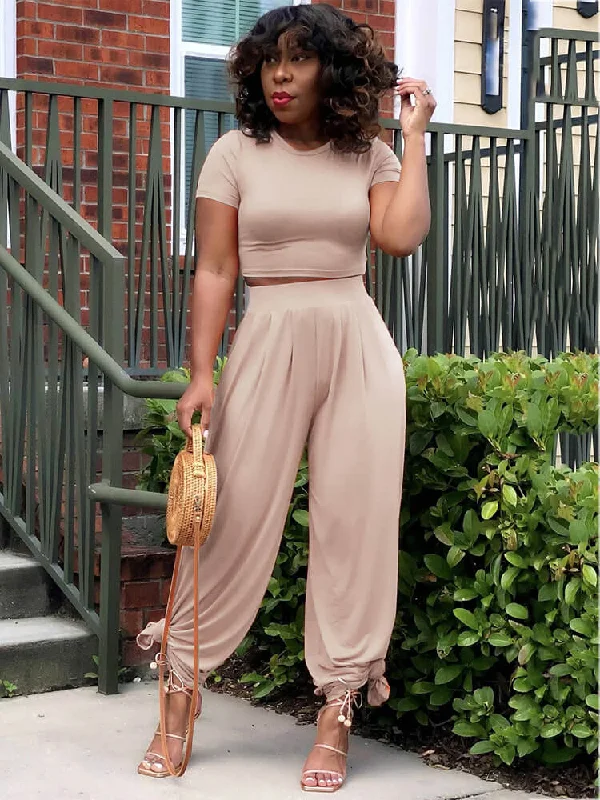 2 Piece Solid Color Short Sleeve Crop Top+Wide Leg Pant Sets Rayon Velvet Corduroy