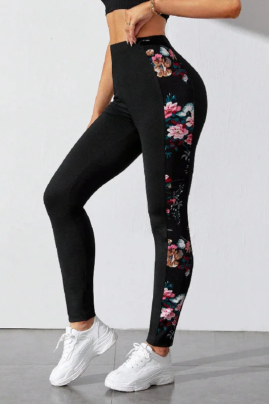 Black Floral Print Patch High Waist Leggings Fashionable Leather-Look Leggings