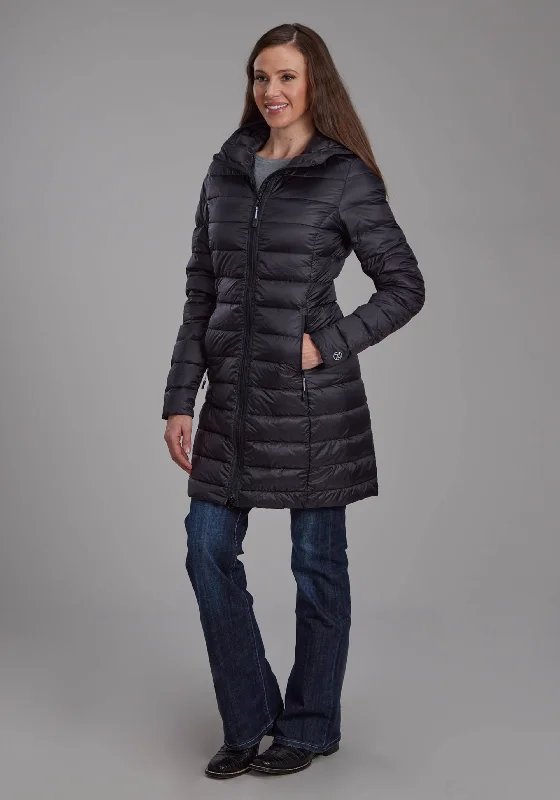 2165 BLACK NYLON DOWN PROOF LONG COAT Asymmetrical Collar Hooded Zippered