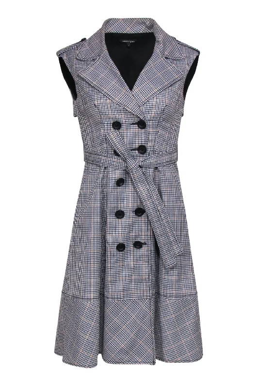 Nanette Lepore - Black & Tan Houndstooth Belted Trench Coat Dress Sz 2 Appliqued Beaded Sequined