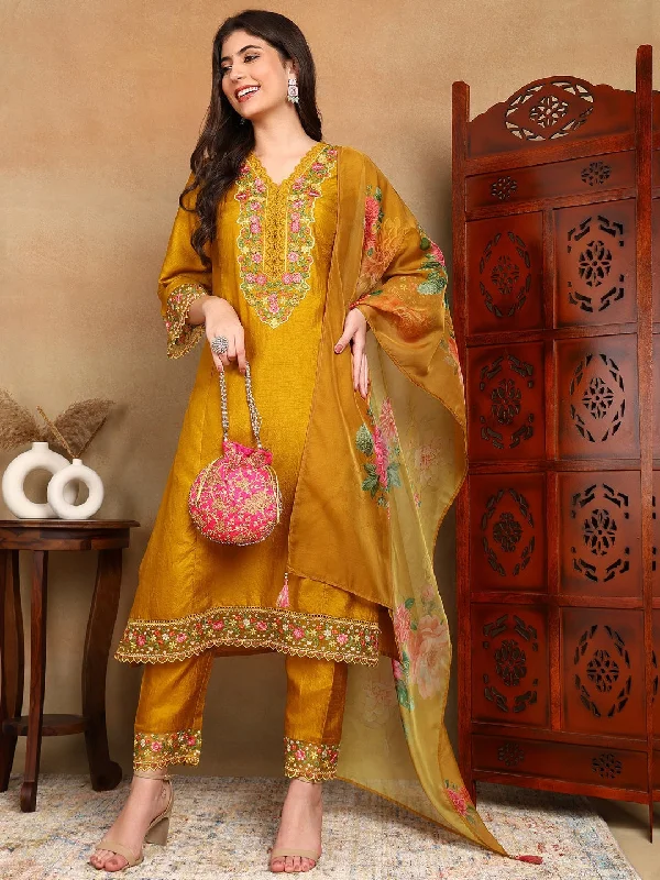 Women's Mustard Silk Blend Embroidered Kurta Trouser With Dupatta - Ahika Trousers Mesh Breathable Women's Mustard Silk Blend Embroidered Kurta Trouser With Dupatta - Ahika Trousers Mesh Breathable