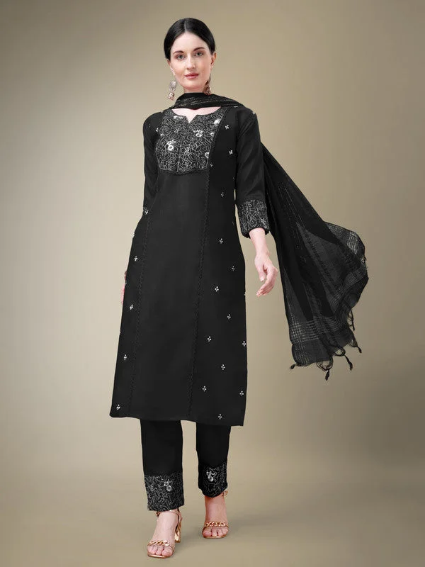 Women's Black Cotton Blend Embroidery & Fancy Lace Work Kurta With Trouser & Dupatta  (Stitched ) - Aastha Fashion Trousers Capri Summer