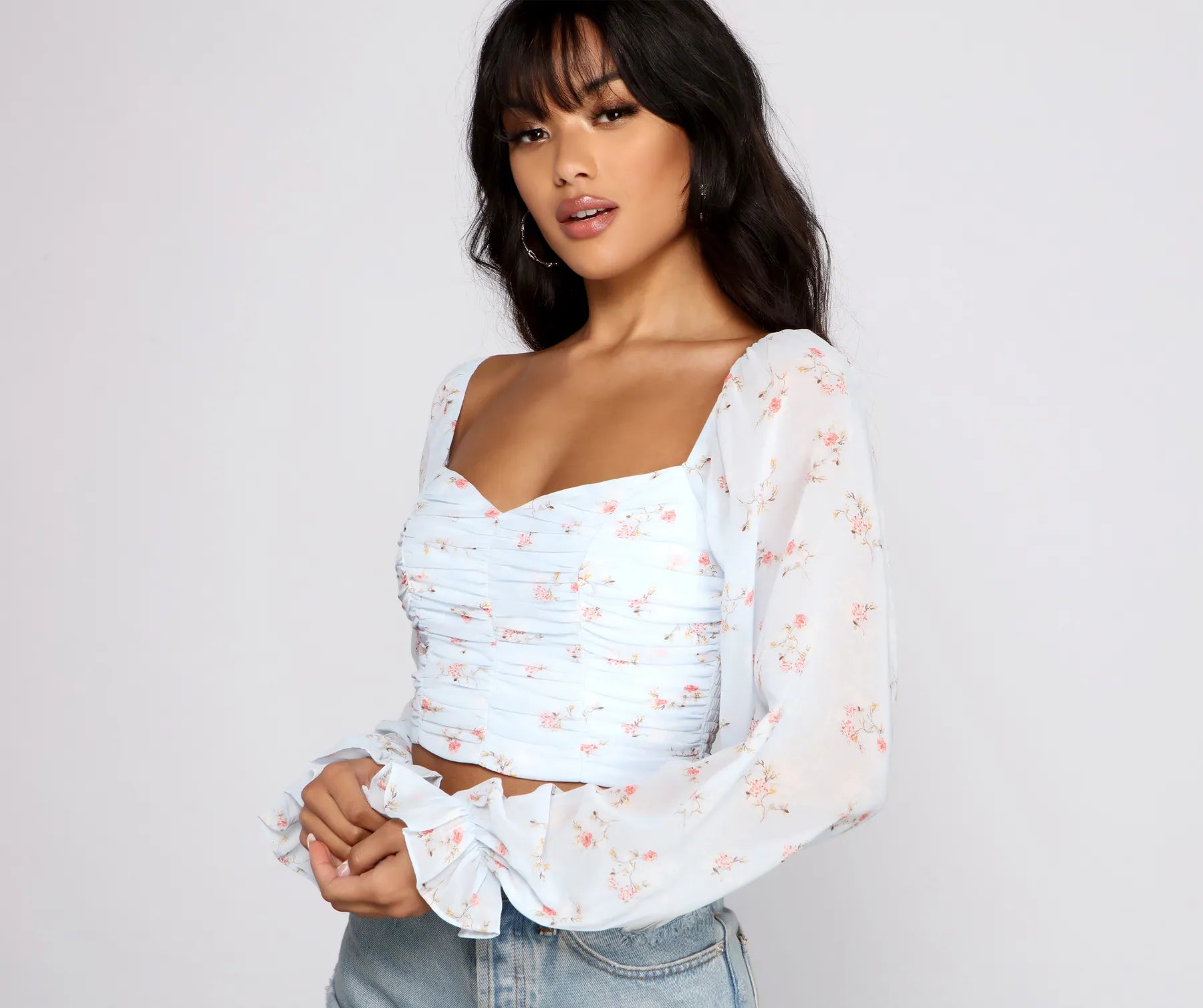 Floral Blossoms Chiffon Ruched Crop Top Machine Wash Dry Clean Hand Wash