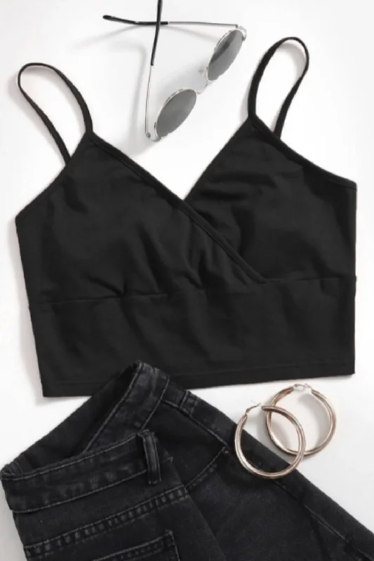 Wrap Neck Crop Top Black Knit Fabric Woven Fabric Fleece Fabric