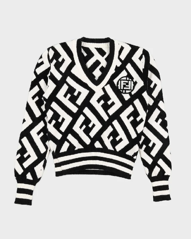 Fendi Black and White Logo Pattern Terry Pullover Jumper - XS One Shoulder Top