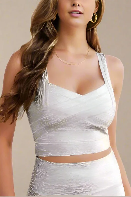Jay Bandage Crop Top - Silver Welt Pockets Slit Pockets Flap Pockets