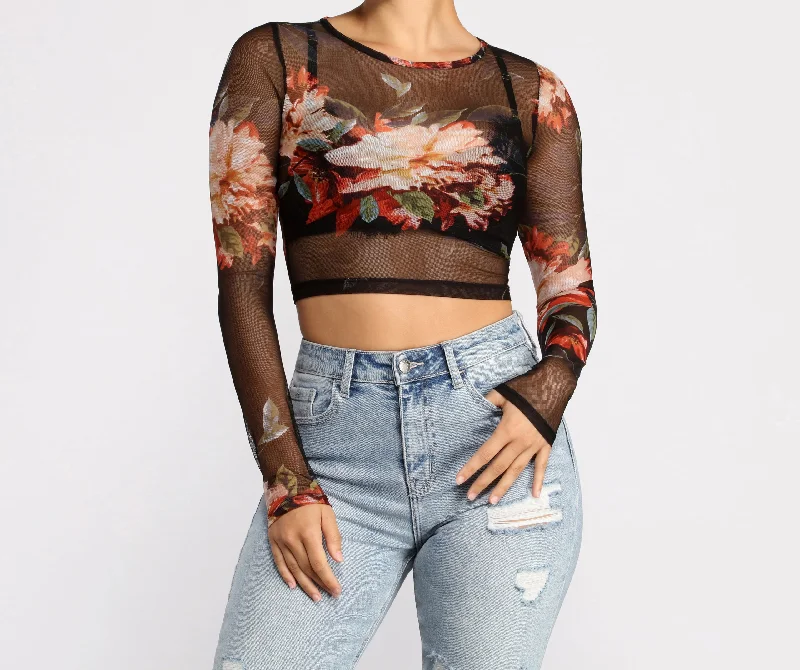 Lookin' Fine In Floral Mesh Crop Top Solid Color Striped Floral