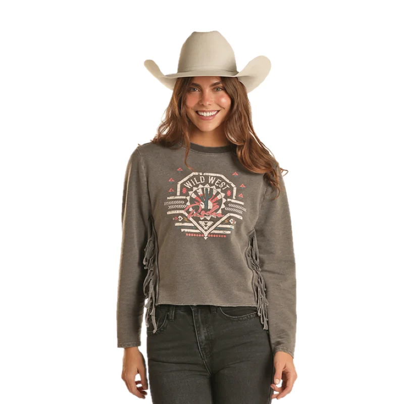 Rock & Roll Denim Ladies Fringed Graphic Black Pullover BW91T02059-01 Slim Sleeve Pullover Rock & Roll Denim Ladies Fringed Graphic Black Pullover BW91T02059-01 Slim Sleeve Pullover