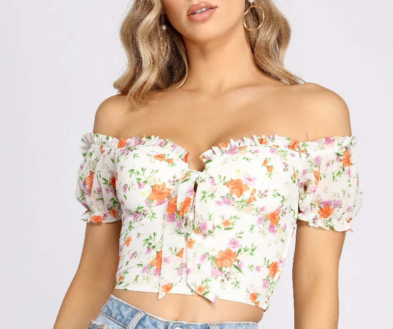 Flower Move Tie Front Off Shoulder Crop Top Silk Blend Satin Velvet
