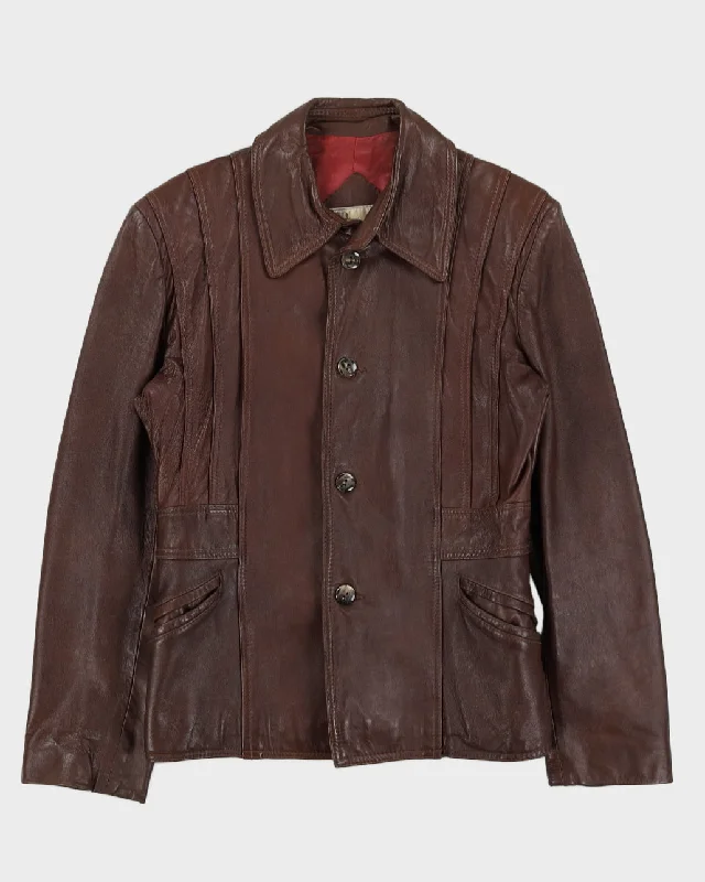 Vintage 70s Brown Leather Coat - L Wool Cashmere Tweed