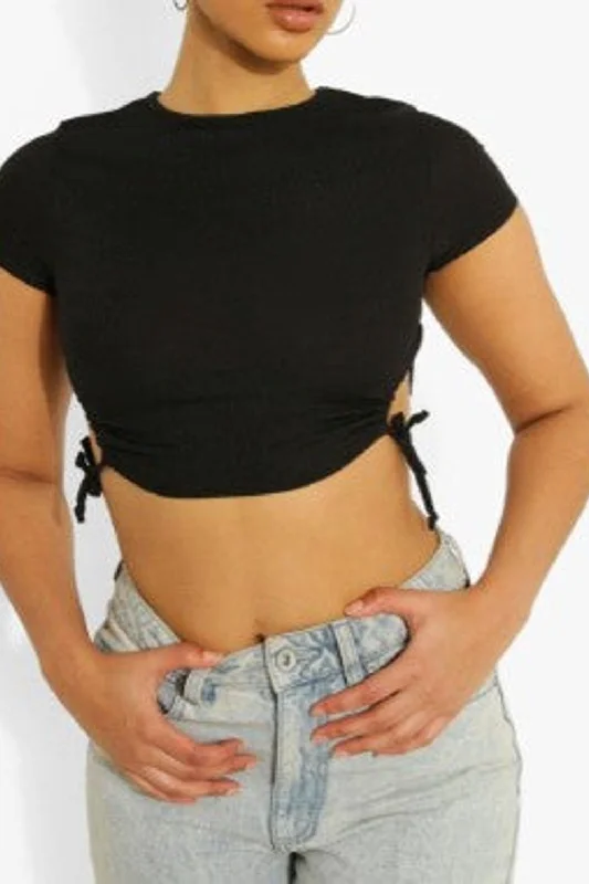 Black Tie Detail Rib Crop Top Crop Top Seamless Stretchy