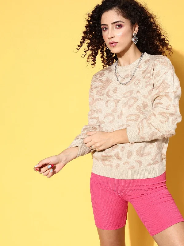 Berrylush Women Beige Animal Printed Round Neck Acrylic Ribbed Hem Regular Pullover Lantern Sleeve Elegant