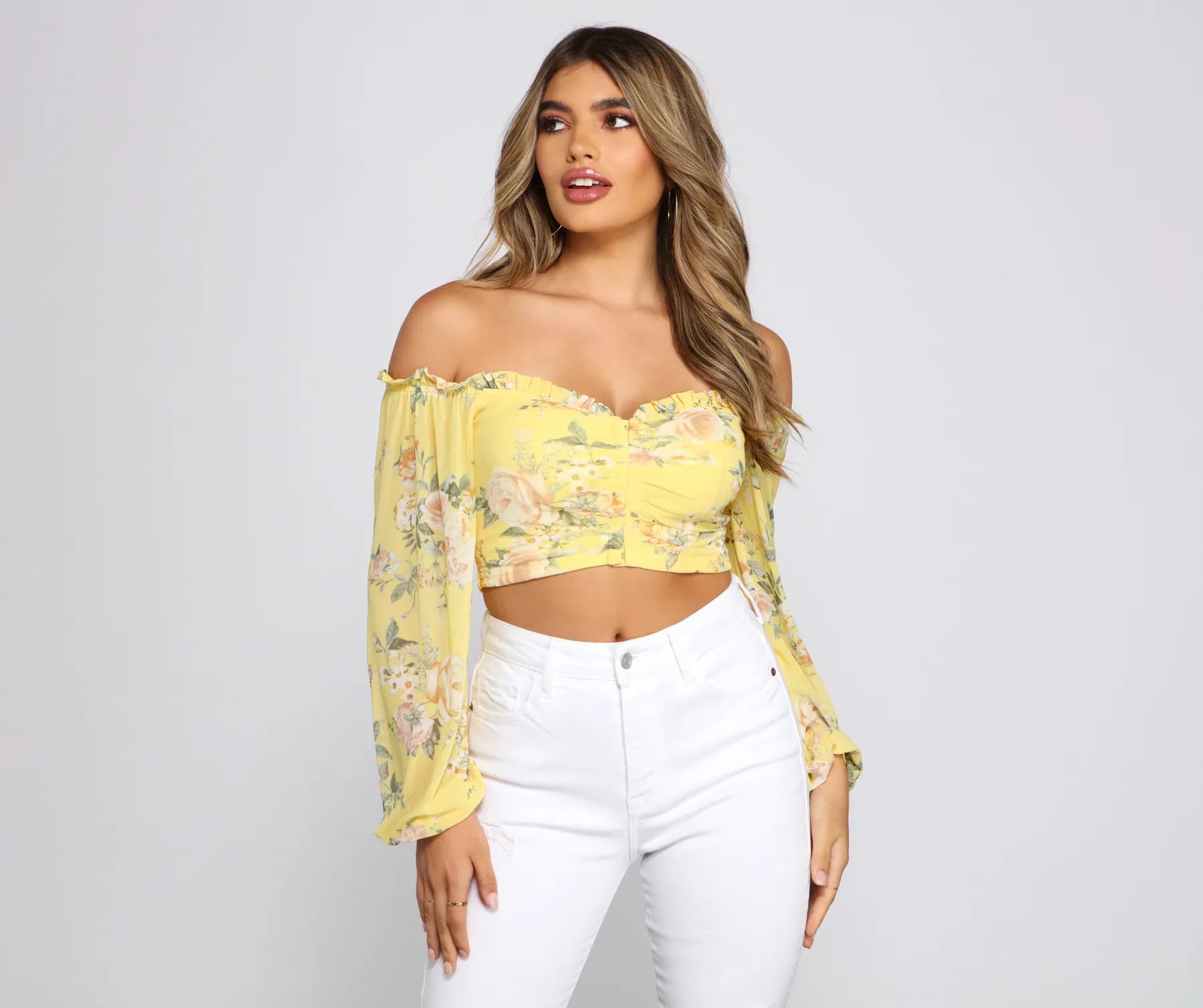 Off The Shoulder Floral Sensation Crop Top Front Pockets Side Pockets Patch Pockets