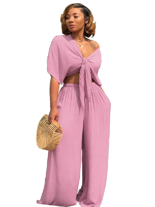 Two Piece Bowknot Tie Front Crop Top+Wide Leg Pant Sets Cozy Warm Stylish