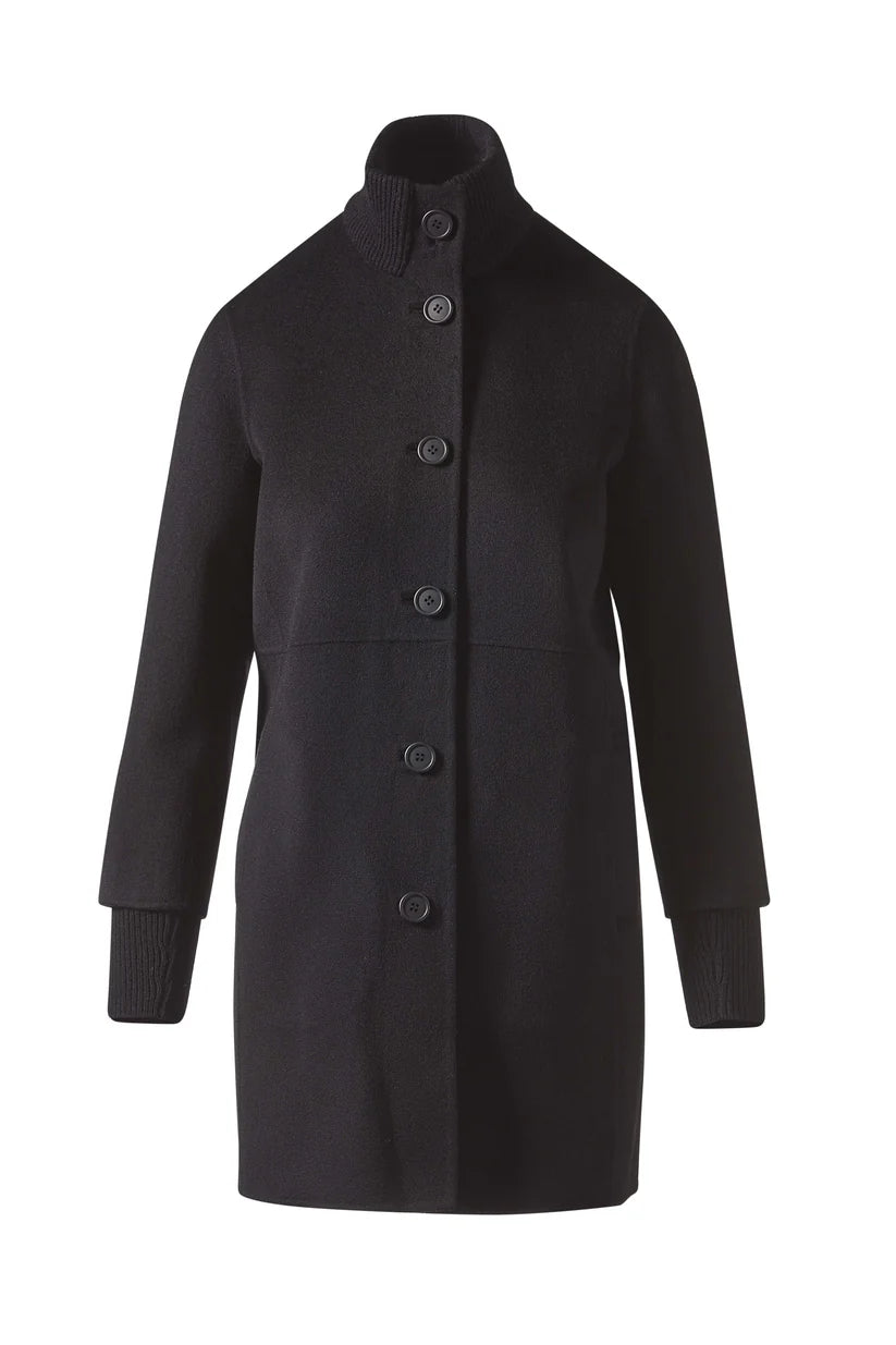 Button Front Knit Trim Coat Asymmetrical Collar Hooded Zippered