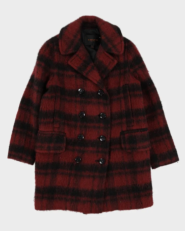 Coach Burgundy Checked Short Coat - S Down Puffer Quilted