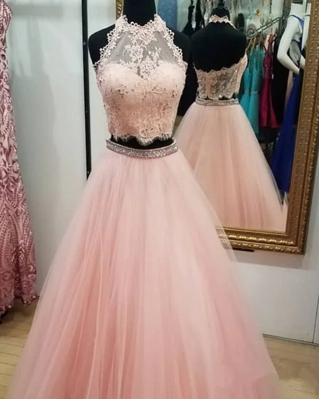 Chic Lace Crop Top Tulle Prom Dresses Two Piece Ball Gowns Modern Contemporary Chic