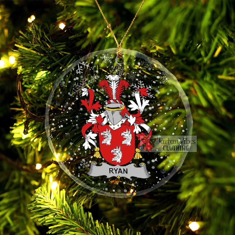 Ryan Irish Clan Christmas Glass Ornament with Coat of Arms Striped Polka Dot Floral