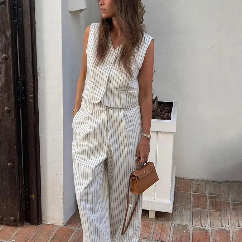 Casual Striped Vest with Full-Length Trousers for Summer Wear Trousers Hiking Durable Casual Striped Vest with Full-Length Trousers for Summer Wear Trousers Hiking Durable