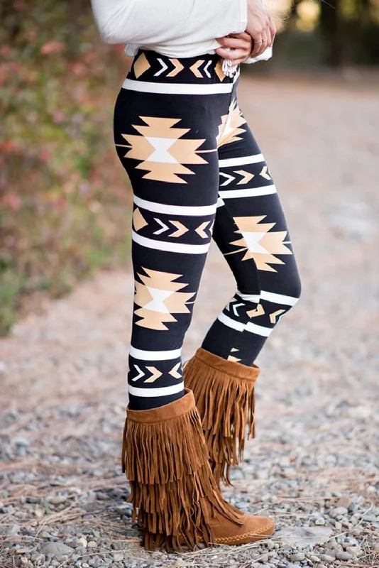 Black Western Aztec Print High Waist Leggings Chic Floral Print Leggings