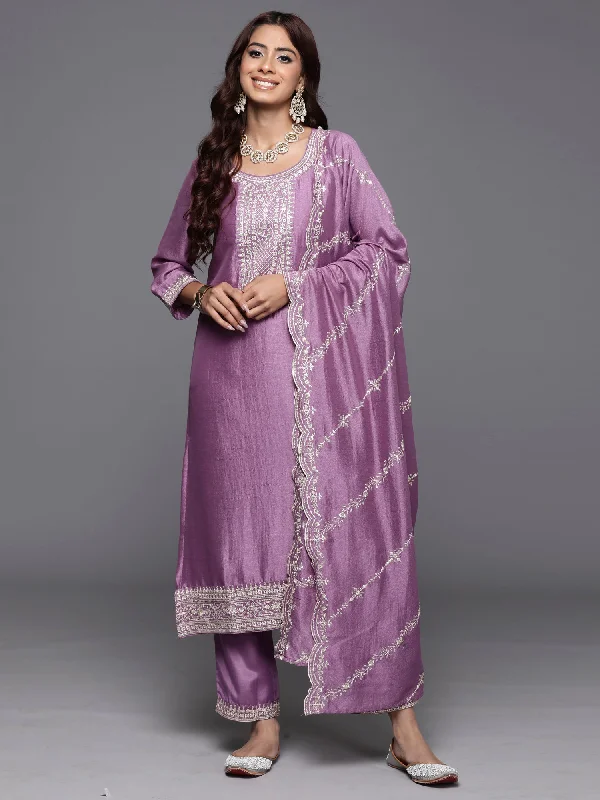 Women's Lavender Embroidered Straight Kurta Trousers With Dupatta Set - Indo Era Wide Leg Loose Fit Mid Waist Women's Lavender Embroidered Straight Kurta Trousers With Dupatta Set - Indo Era Wide Leg Loose Fit Mid Waist