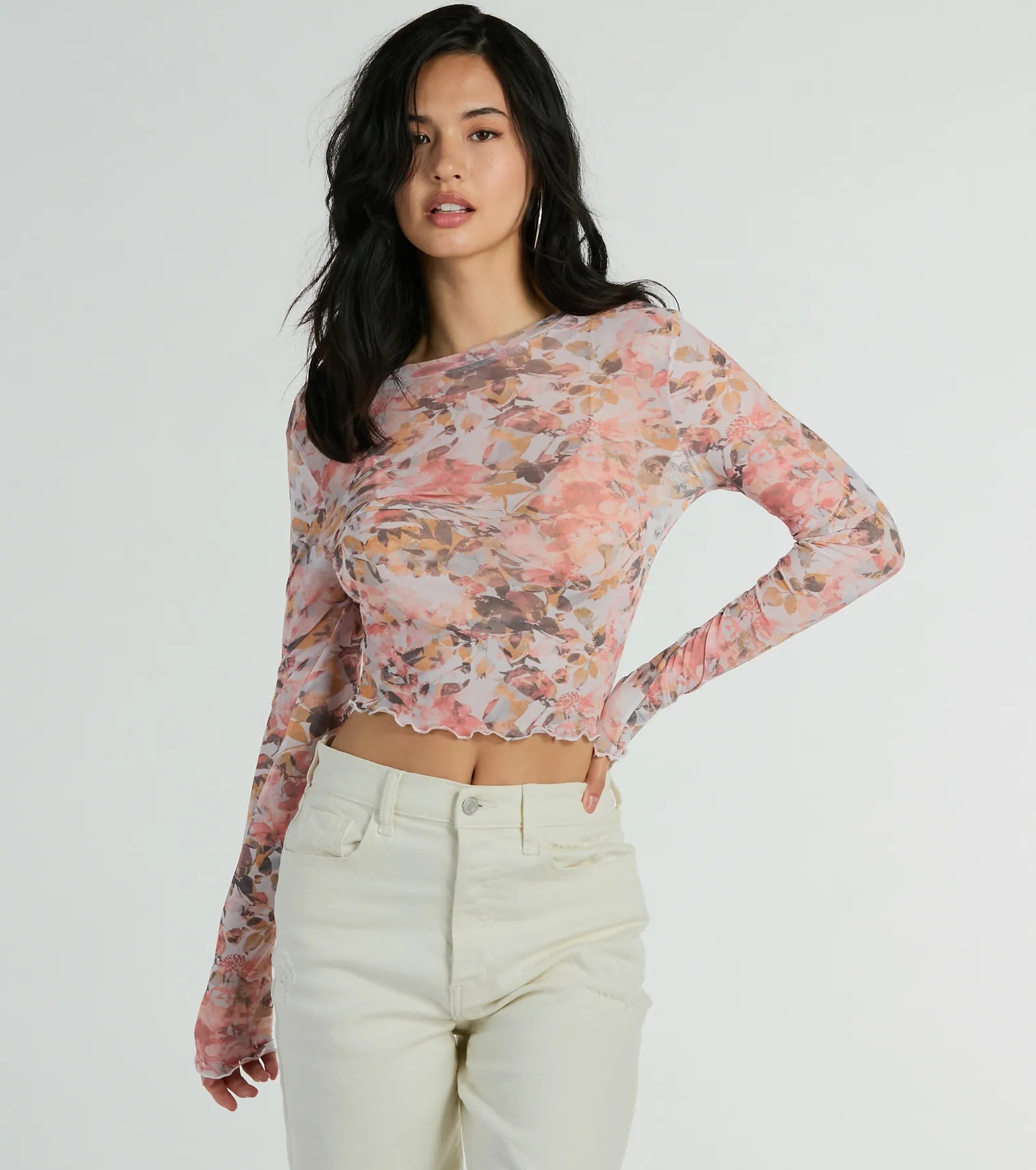 Wild Flowers Long Sleeve Floral Mesh Crop Top Collared Crew Neck Turtle Neck