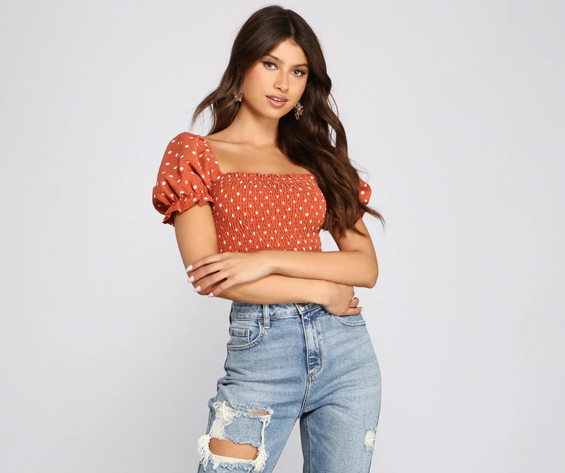 Pretty In Polka Dots Smocked Crop Top Crop Top Seamless Stretchy