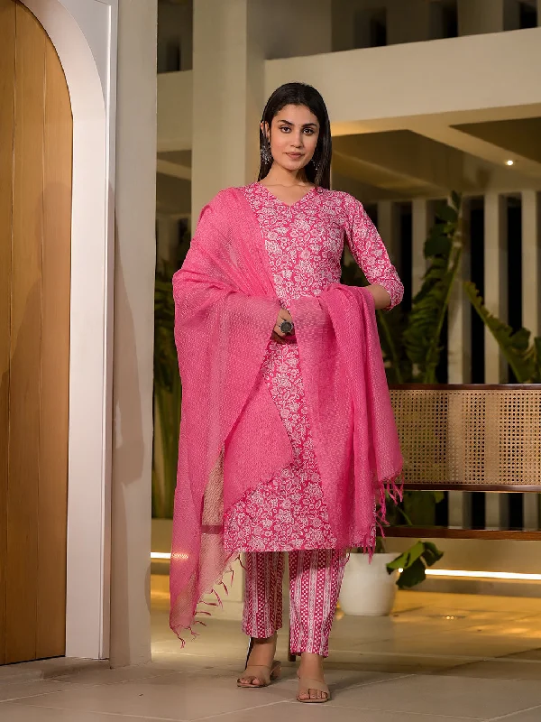 Women's Pink Pure Cotton Floral Print Straight Kurta With Trousers And Dupatta Set - Yufta Trousers versatile all-occasion
