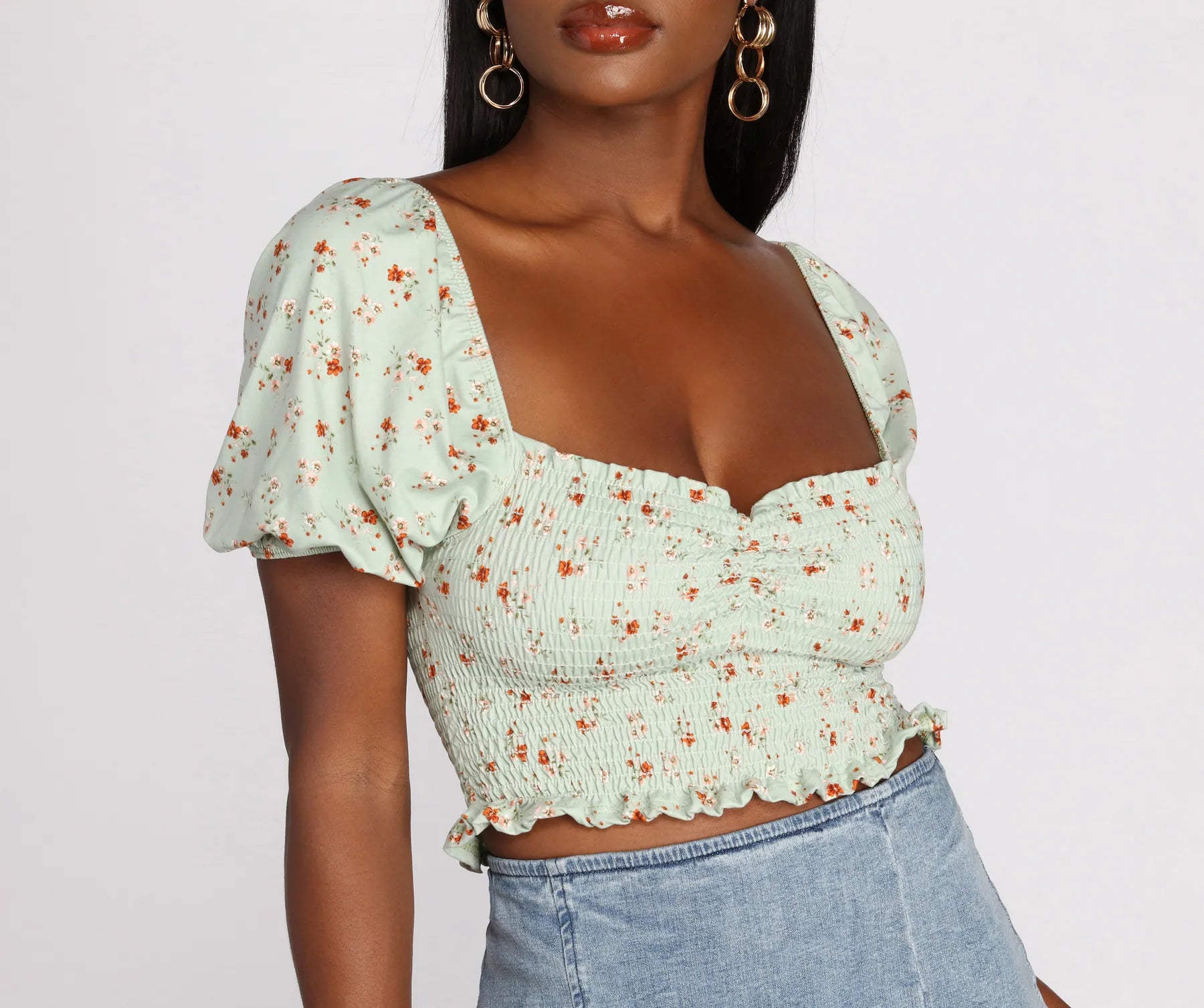 Ditsy Floral Puff Sleeve Crop Top Chenille Brocade Lace