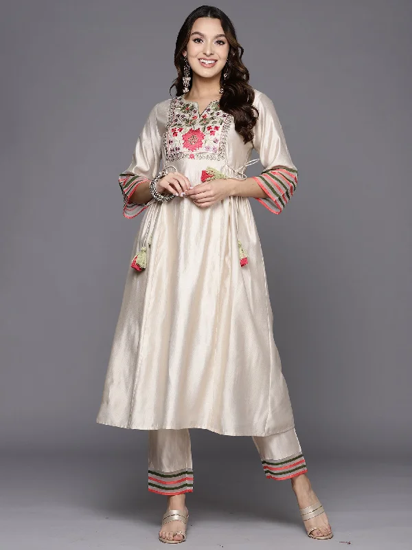 Women's White Embroidered A-Line Kurta Trousers Set - Indo Era Trousers Winter Warm