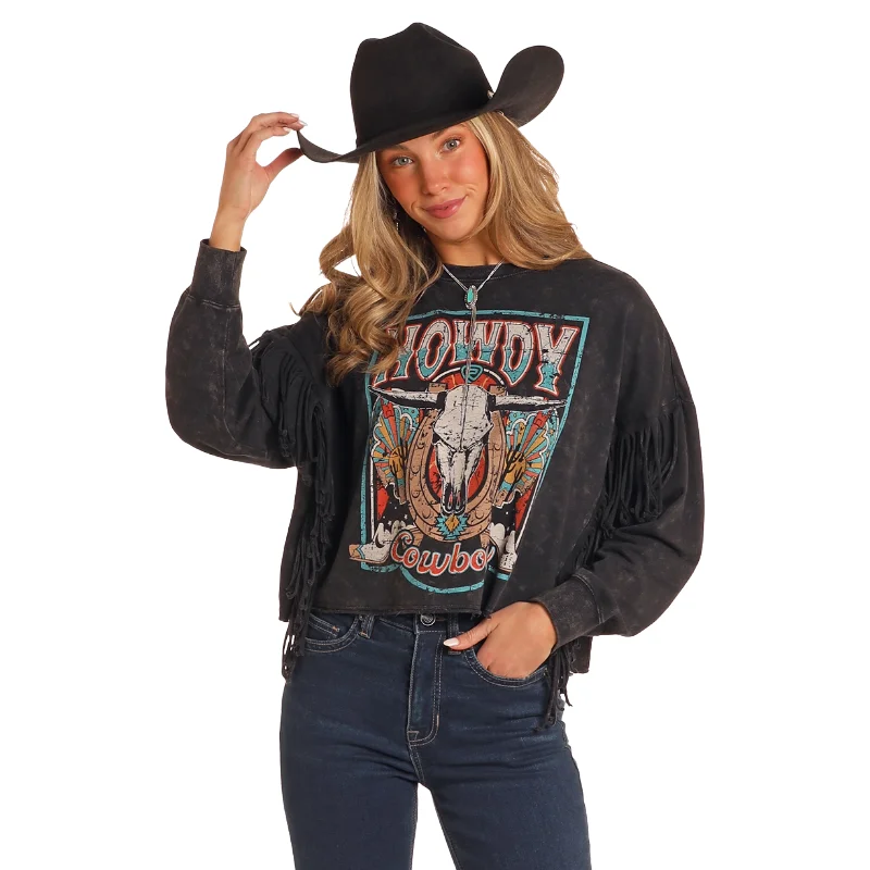Panhandle Ladies Graphic With Fringe Black Pullover BW91T05401 Polo Neck Sweater