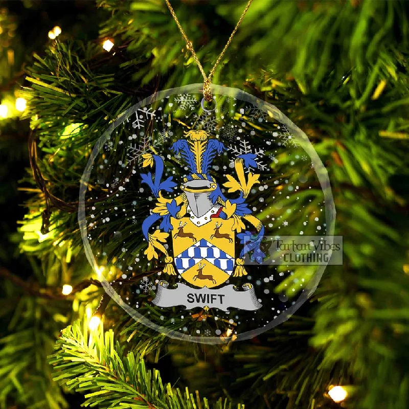 Swift Irish Clan Christmas Glass Ornament with Coat of Arms Denim Leather Suede
