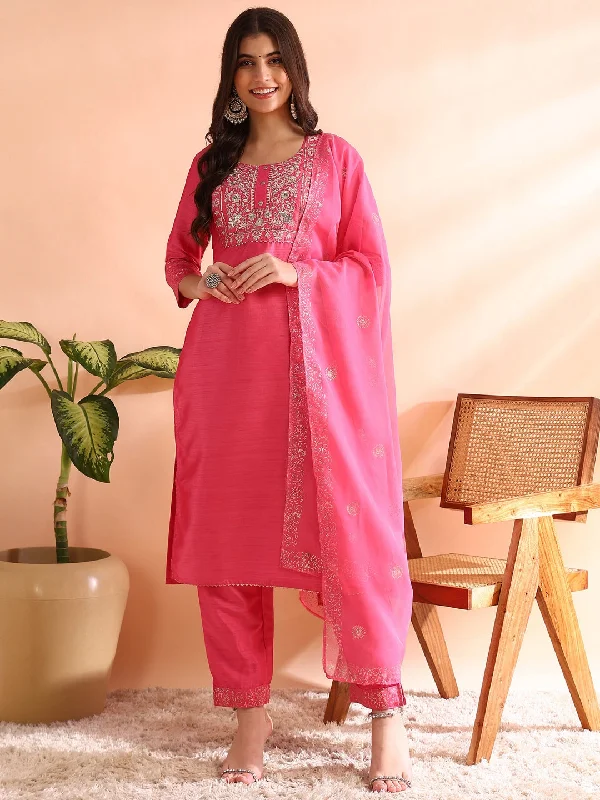 Women's Pink Silk Blend Solid Embroidered Straight Kurta Trousers With Dupatta - Ahika Trousers Cargo pockets