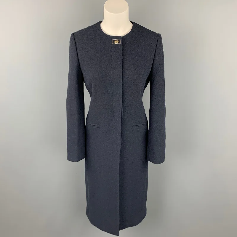 SALVATORE FERRAGAMO Size 4 Navy Wool / Silk Collarless Hidden Button Coat Square Neck One-Shoulder Off-the-Shoulder