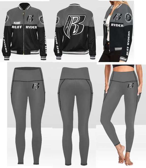 RR Custom Name Varsity Style Jacket and Matching Pocketed Leggings Set Blk/Gry Elegant Sheer Leggings