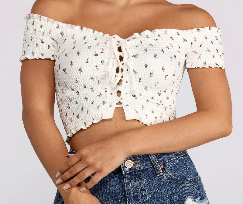 Flower Girl Lace Up Crop Top - 060012211999 Thin Crop Top Open Front Quick Dry