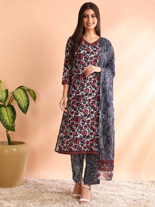 Women's Grey Rayon Blend Floral Printed Straight Kurta Trouser With Dupatta - Ahika Trousers Summer Linen