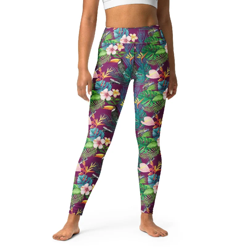 Hibiscus Bang Bang Hawaiian Print Yoga Leggings Elegant Satin Finish Leggings