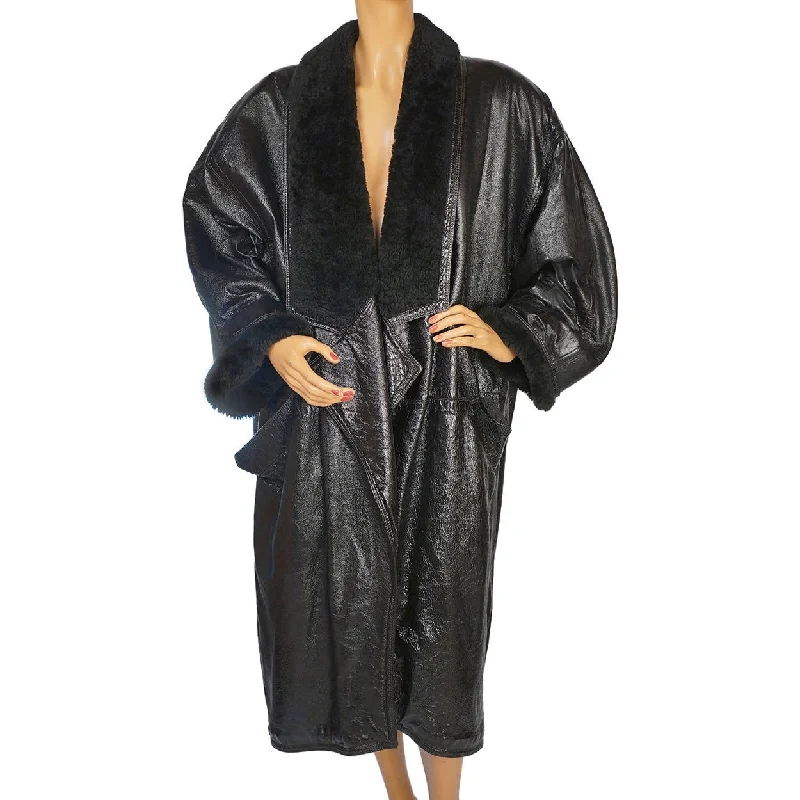 Vintage 1980s Gianni Versace Black Vinyl Coat with Plush Trim Size L Wool Cashmere Tweed