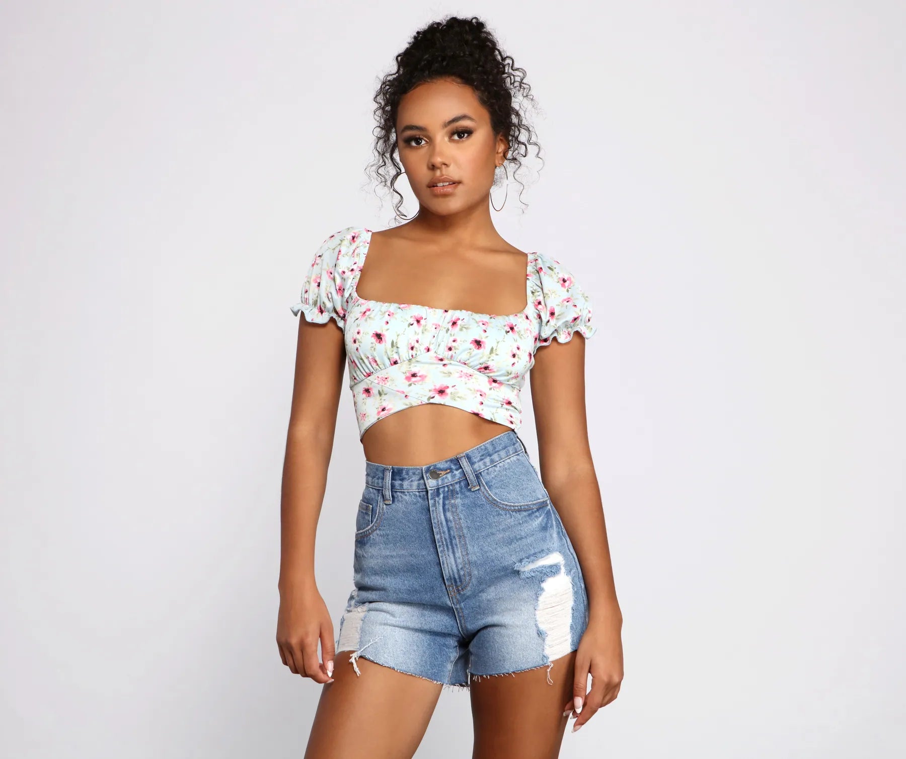 Blooming Beauty Floral Crop Top Denim Fabric Leather Fabric Suede Fabric