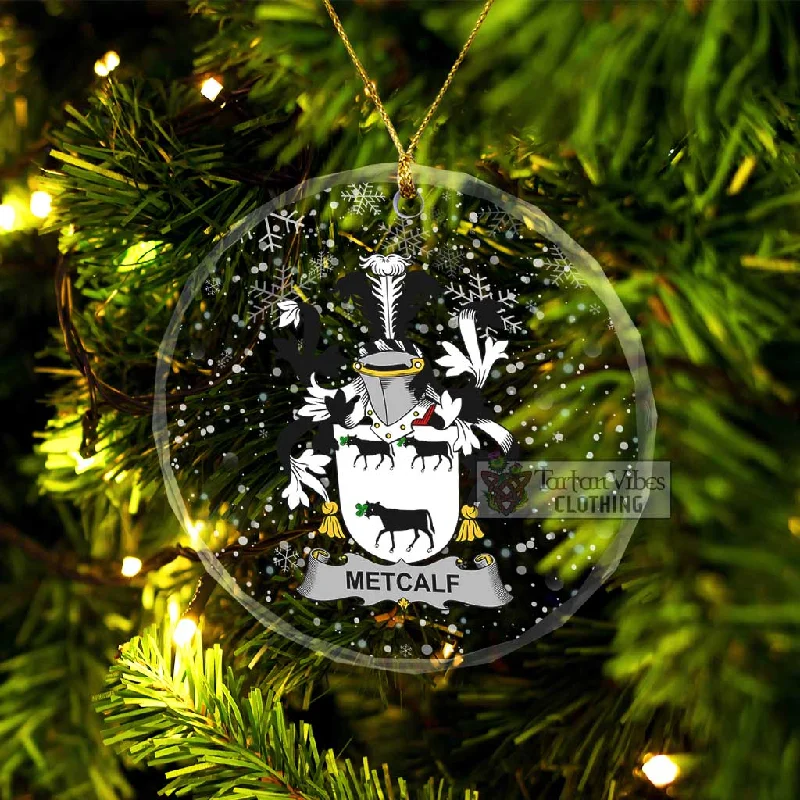 Metcalf Irish Clan Christmas Glass Ornament with Coat of Arms Peter Pan Collar Cowl Neck Turtleneck