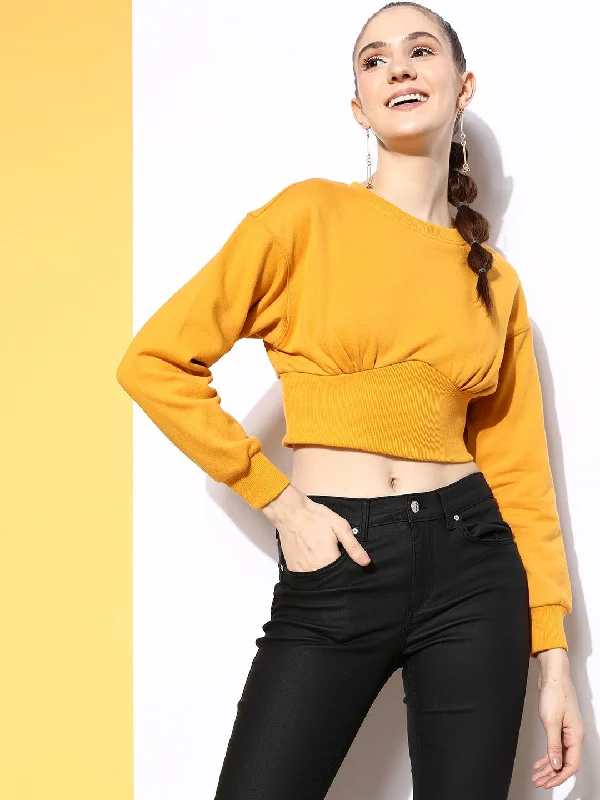 Berrylush Women Solid Yellow Round Neck Straight Hem Crop Pullover Sweatshirt Asymmetrical Neck Pullover