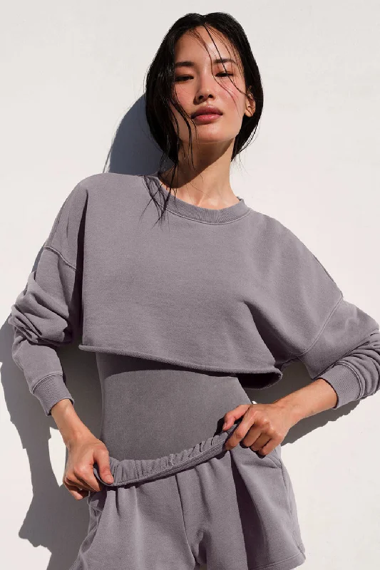 Washed Extreme Cropped Pullover - Cool Grey Wash Spaghetti Sleeve Top