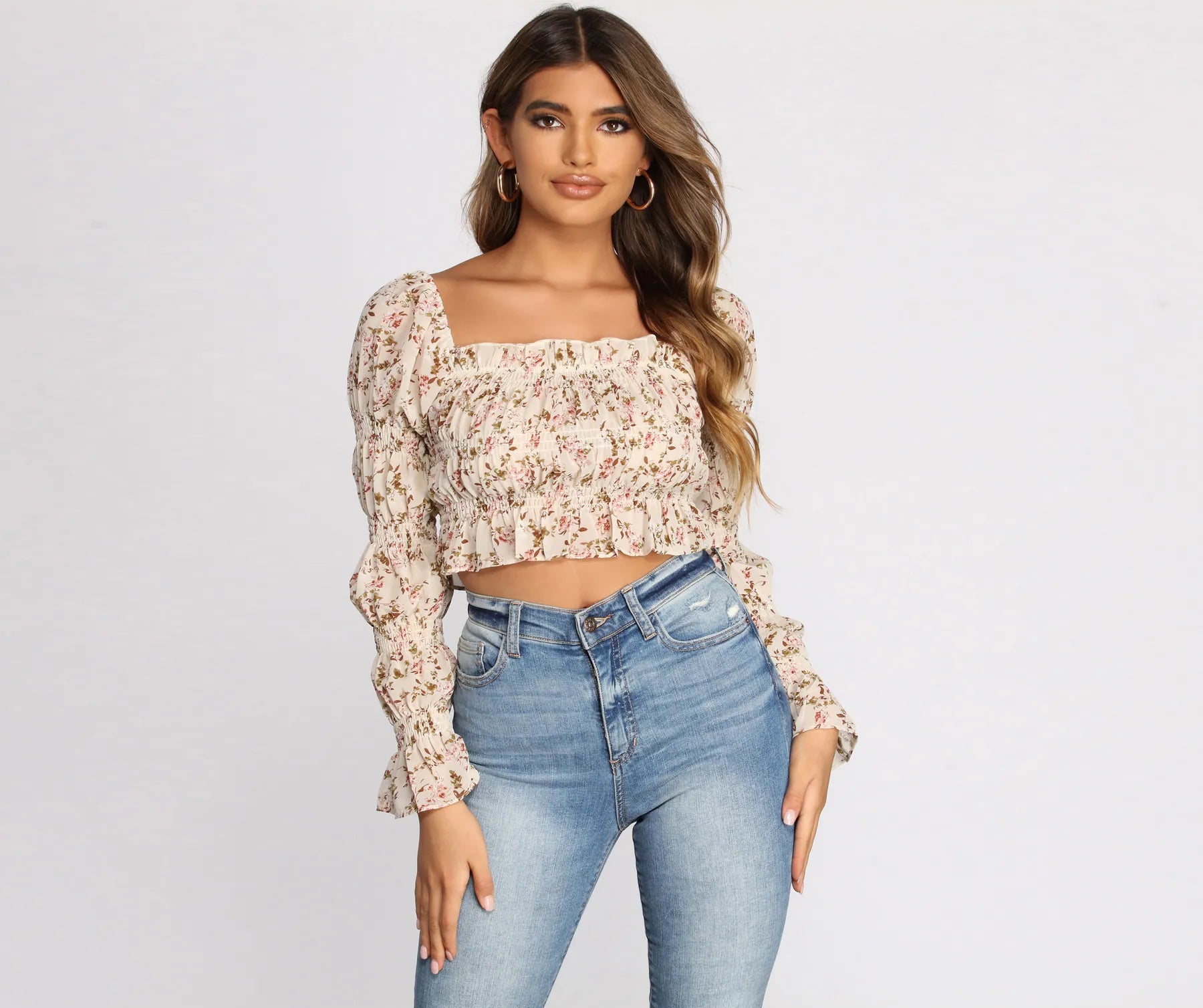 Smocked Over Florals Crop Top Zippered Front Buttoned Front Snap Front