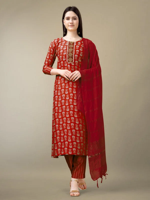 Women's Maroon Rayon Embroidery & Sequence Work Kurta With Trouser & Dupatta  (stitched 40 size, Alt 38 to 44 size) - Aastha Fashion Trousers Brand Named